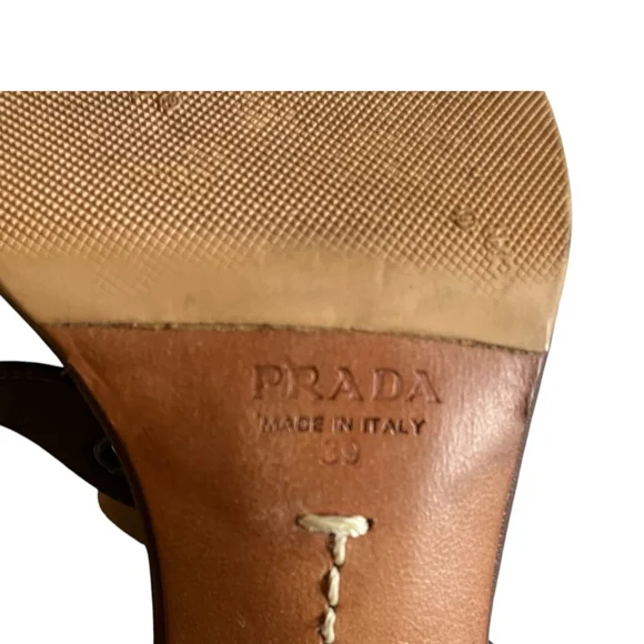 Women's Prada Brown Patent Leather Wood Heel Sandals Size 9 - Picture 8 of 11